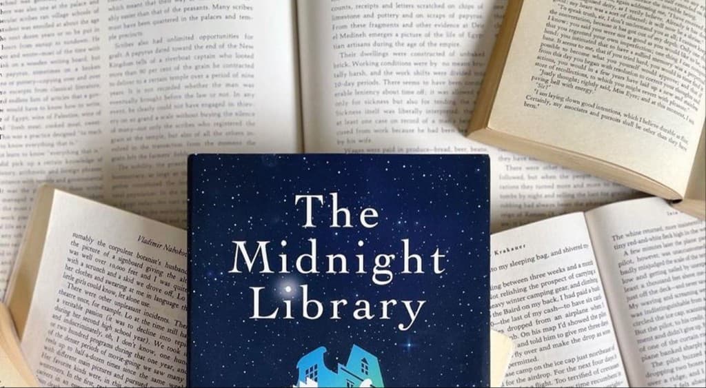 Open books with The Midnight Library cover surrounded by literary pages