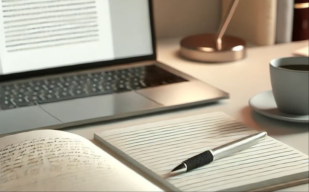Ghostwriting workspace with laptop and notebook
